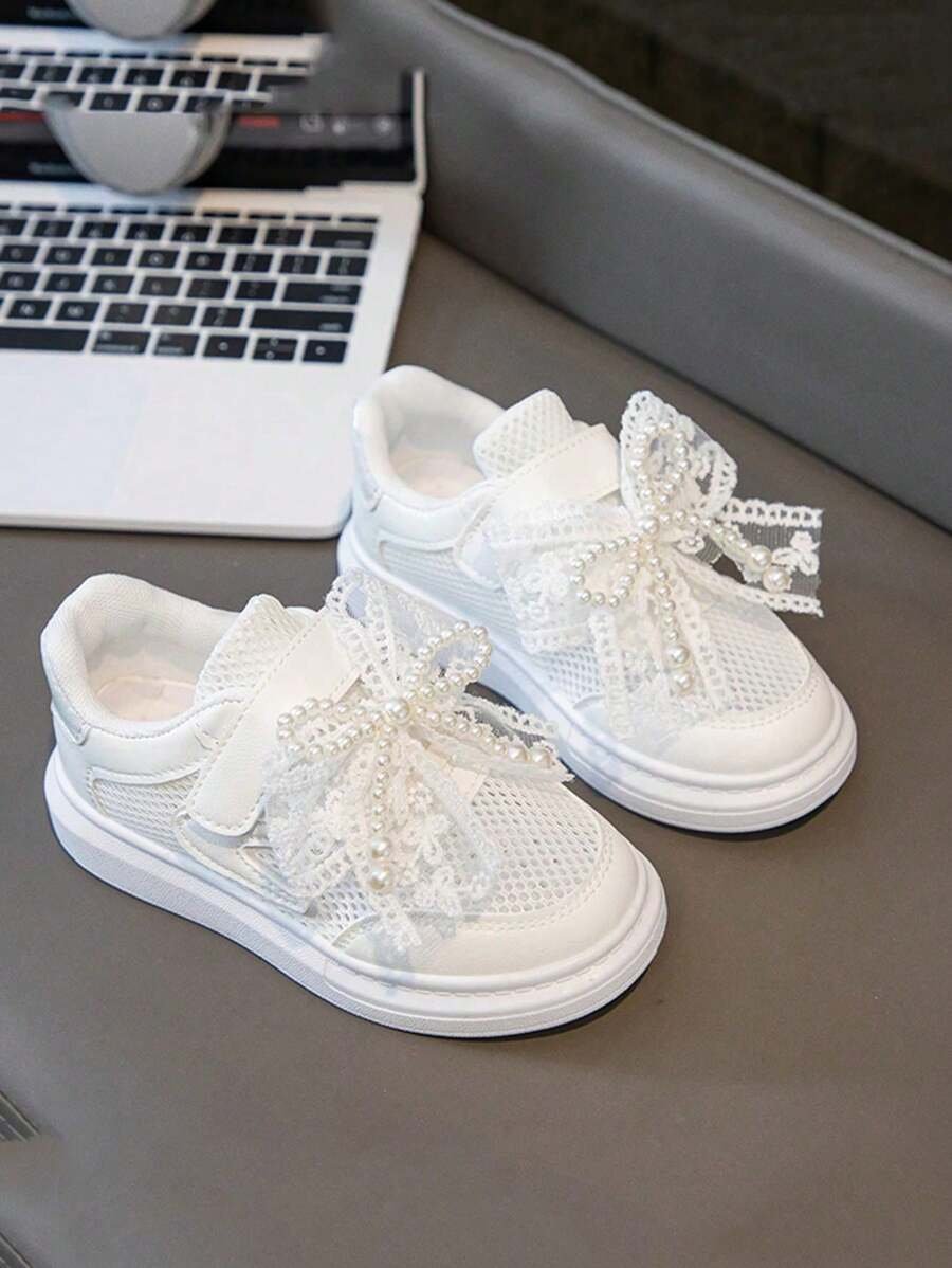 زوج من البوط الكاجوال الفضفاض بنقشة الشبك المفرغ مع مزين بفيونكة، أحذية أميرة للفتيات، مناسبة لجميع الفصول - الصورة 4