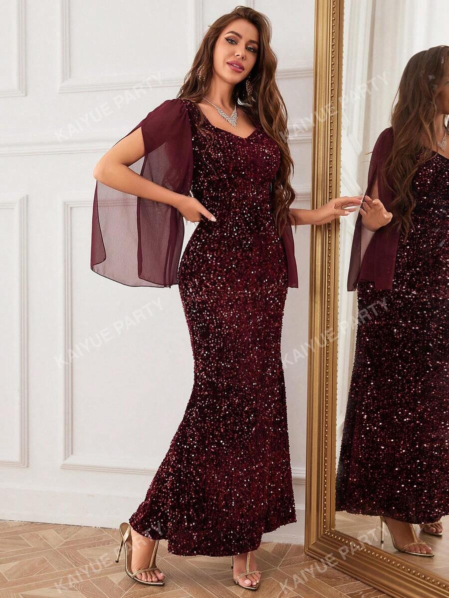 فستان سهرة للنساء تصميم ال- Fishtail مع أكمام من الشبك المنقط، فستان سهرة رسمي لحضور الأعراس والمناسبات الرسمية - الصورة 2