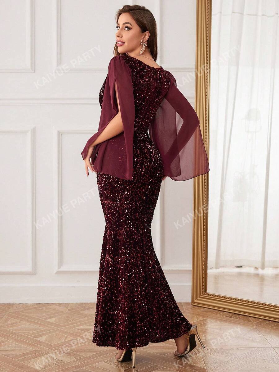 فستان سهرة للنساء تصميم ال- Fishtail مع أكمام من الشبك المنقط، فستان سهرة رسمي لحضور الأعراس والمناسبات الرسمية - الصورة 3