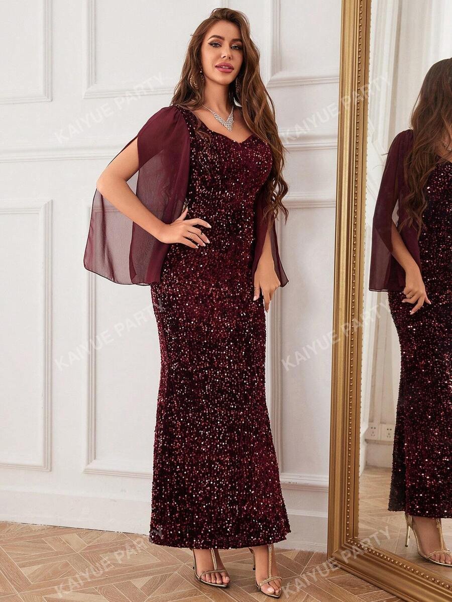 فستان سهرة للنساء تصميم ال- Fishtail مع أكمام من الشبك المنقط، فستان سهرة رسمي لحضور الأعراس والمناسبات الرسمية - الصورة 4