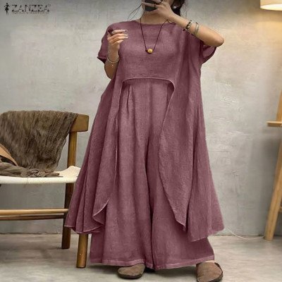 مجموعات النساء خمر بلوزات طويلة غير النظامية السراويل فضفاضة عادية مرونة الخصر السراويل الدعاوى - الصورة 2