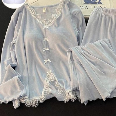 بيجامة الدانتيل مثير طويلة الأكمام السراويل الحلو مع وسادة الصدر الترفيه