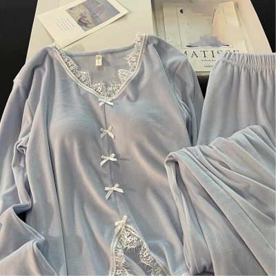 بيجامة الدانتيل مثير طويلة الأكمام السراويل الحلو مع وسادة الصدر الترفيه - الصورة 2