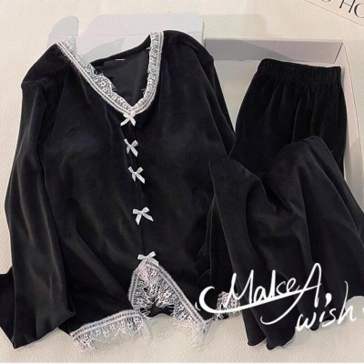 بيجامة الدانتيل مثير طويلة الأكمام السراويل الحلو مع وسادة الصدر الترفيه - الصورة 3