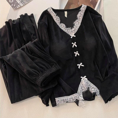 بيجامة الدانتيل مثير طويلة الأكمام السراويل الحلو مع وسادة الصدر الترفيه - الصورة 4