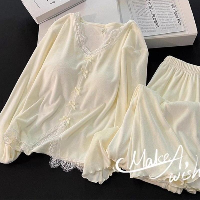 بيجامة الدانتيل مثير طويلة الأكمام السراويل الحلو مع وسادة الصدر الترفيه - الصورة 5