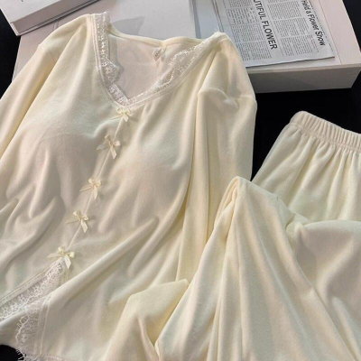 بيجامة الدانتيل مثير طويلة الأكمام السراويل الحلو مع وسادة الصدر الترفيه - الصورة 6