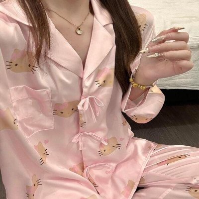 بيجامة هالو كيتي نمط حلو للسيدات لربيع وخريف جديد بأكمام طويلة بنطلون ملابس منزلية فضفاضة للترفيه - الصورة 4