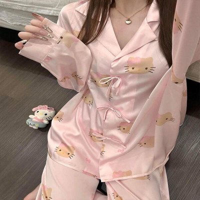 بيجامة هالو كيتي نمط حلو للسيدات لربيع وخريف جديد بأكمام طويلة بنطلون ملابس منزلية فضفاضة للترفيه - الصورة 5