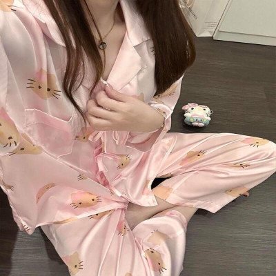 بيجامة هالو كيتي نمط حلو للسيدات لربيع وخريف جديد بأكمام طويلة بنطلون ملابس منزلية فضفاضة للترفيه - الصورة 6